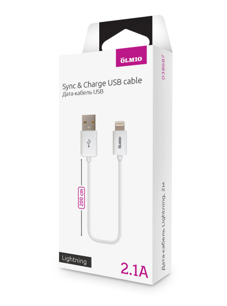 Кабель USB 2.0 - Lightning, 2м, белый, OLMIO