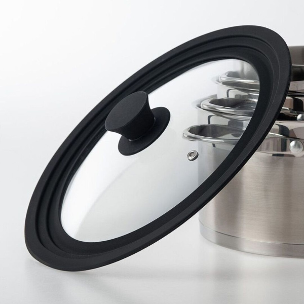 Крышка стеклянная универсальная с силиконовым ободом Home Queen Мульти, черная, D 24/26/28см