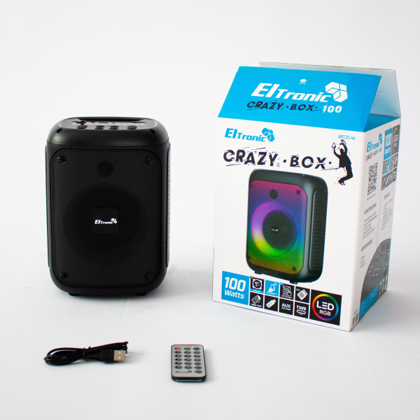 Портативная беспроводная bluetooth колонка  Eltronic CRAZY BOX 100 арт. 20-44 с LED-подсветкой  и  RGB светомузыкой, пультом дистанционного управления