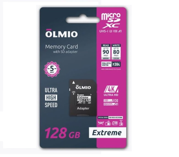 Карта памяти microSDXC 128GB Extreme, UHS-I U3 V30 A1, c адаптером, OLMIO