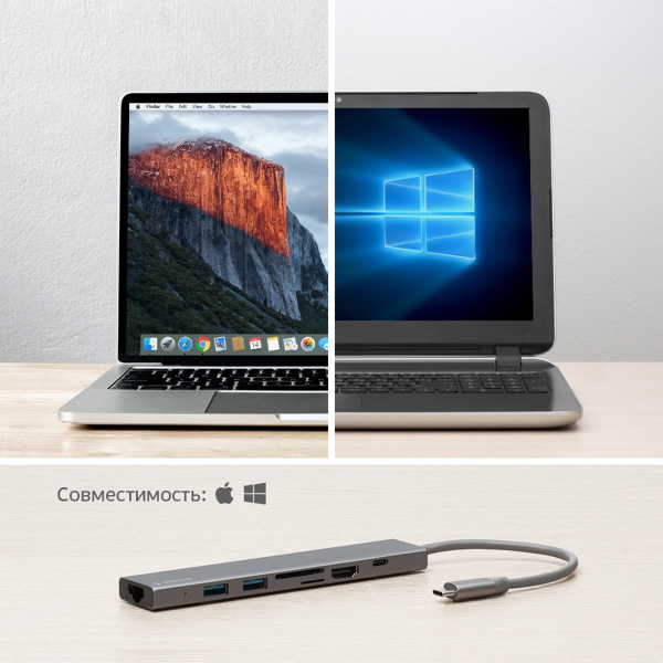 USB Type-C хаб 7-в-1, HDMI, Power Delivery, 2xUSB 3.0, RJ45, microSD/SD, Цвет графит