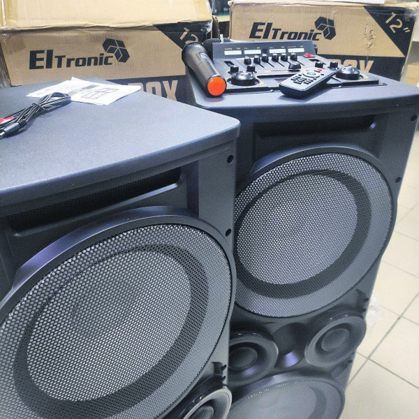 Профессиональная напольная акустическая система Eltronic 20-06  TWEEN BOX  (в комплекте из двух колонок) с LED-подсветкой и RGB светомузыкой, с двумя беспроводными микрофонами, пультом дистанционного управления