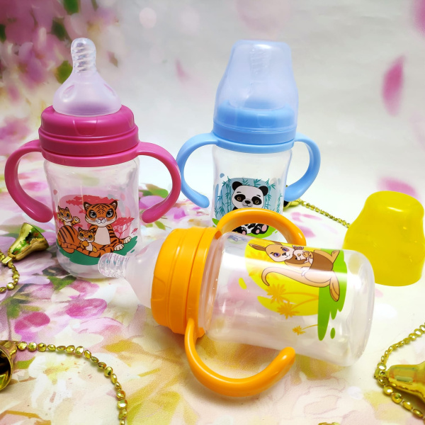 Бутылочка с соской "Мать и дитя" (широкое горлышко) съемные ручки, 150 мл (с 0 месяцев)