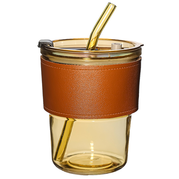 Стакан стеклянный с трубочкой и капхолдером Karamel, 350 мл, золотой и черный цвет / Стильный и функциональный аксессуар для напитков