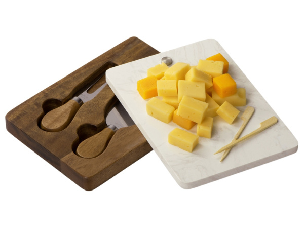 Набор для сыра в коробке из акации и мрамора «Fontina», Цвет натуральный/серебристый/белый