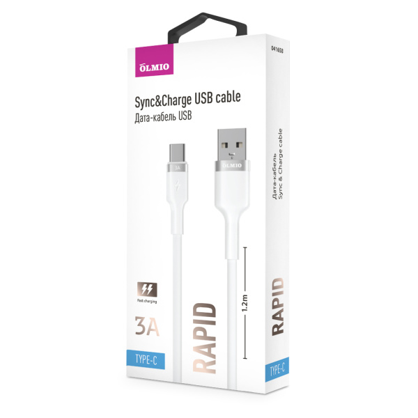 Кабель RAPID, USB 2.0 - Type-C, 1.2м, 3A, белый, OLMIO