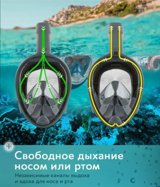 ХИТ ЦЕНА! Маска для снорклинга (плавание под поверхностью воды) FREEBREATH с креплением для экшн камеры и берушами L/XL Серый