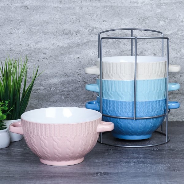 Супница с ручками 4 штуки на подставке / 44511 /уп 6/ Вязание косичка