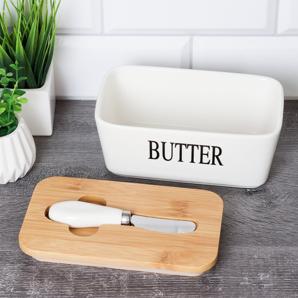 Масленка и нож 17х10 см / MN3920 /уп 36/ на деревянной подставке