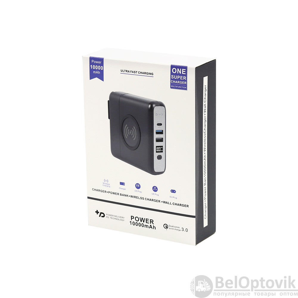Внешний аккумулятор Gemini с беспроводной зарядкой и сетевым адаптером, 10000 mAh, черный