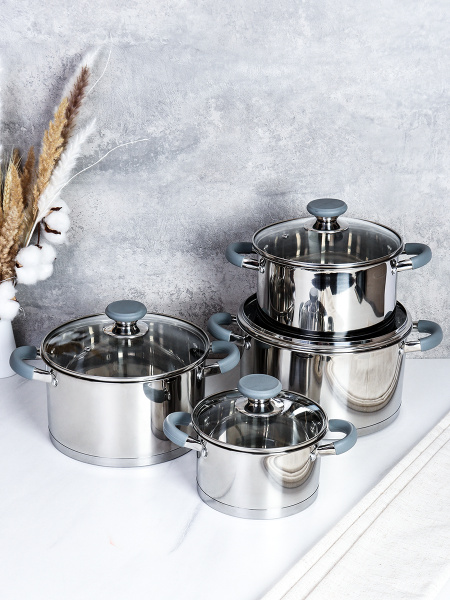 Кастрюля набор 8 предметов 1.9л,3.4л,4.5л,5.8л / LB-S-1931B-8C /уп 1/ индукция/ ручки с силиконом/ Гофрокороб