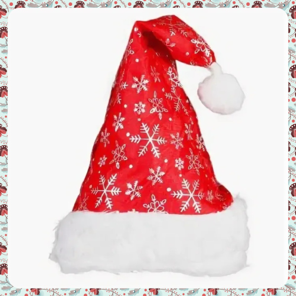 Новогодний колпак Деда Мороза с опушкой / белые снежинки, красный плюш