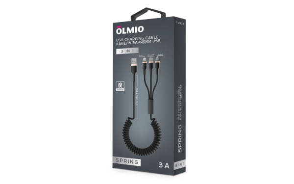 Кабель SPRING, USB 2.0 - 3-в-1, microUSB/lightning/typeC, 1.5м, 3A, OLMIO