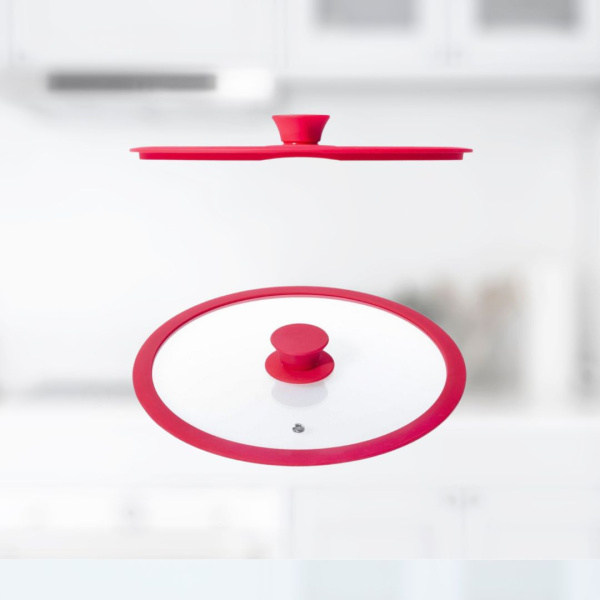 Крышка стеклянная с силиконовым ободом Home Queen RED HOT, красная, D 26см