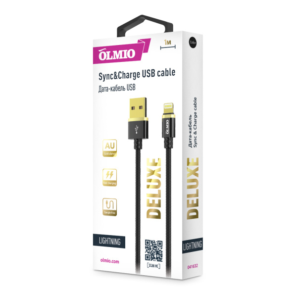 Кабель DELUXE, USB 2.0 - lightning, 1м, 2.1A, черный, OLMIO