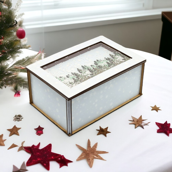 Лес в снегу, упаковка новогодняя из дерева, голубой полуматовый, вместимость 2 кг / Идеальное украшение для новогодней елки