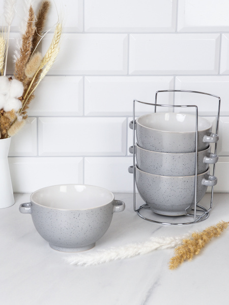 Супница с ручками 4 штуки на подставке / RT-652 /уп 6/ Серый в крапинкуС