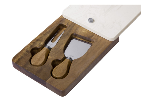 Набор для сыра в коробке из акации и мрамора «Fontina», Цвет натуральный/серебристый/белый