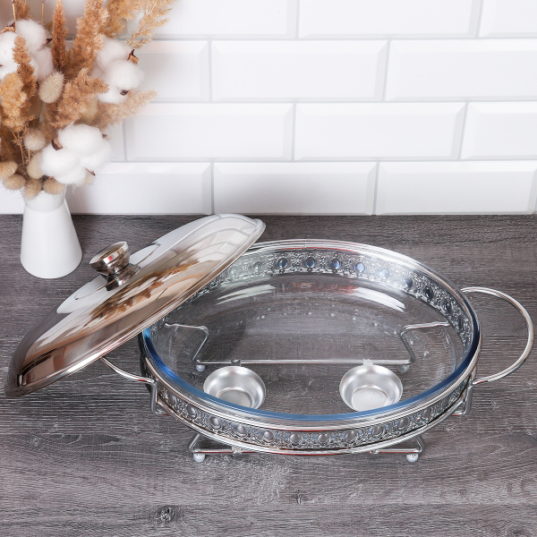 Мармит с подогревом 2,5 л Silver / HT95215-1 /уп 6/стекло на металл подставке с крышкой