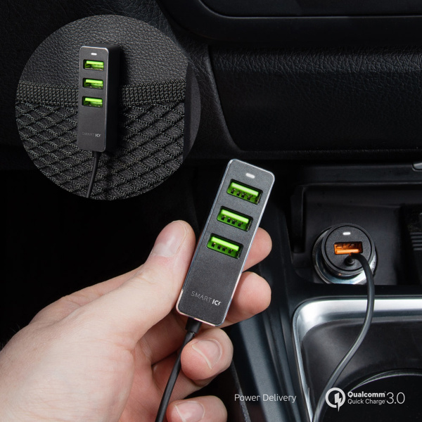 АЗУ 1 USB + 3 USB для пассажиров, QC 3.0, 7Аa, Цвет графит