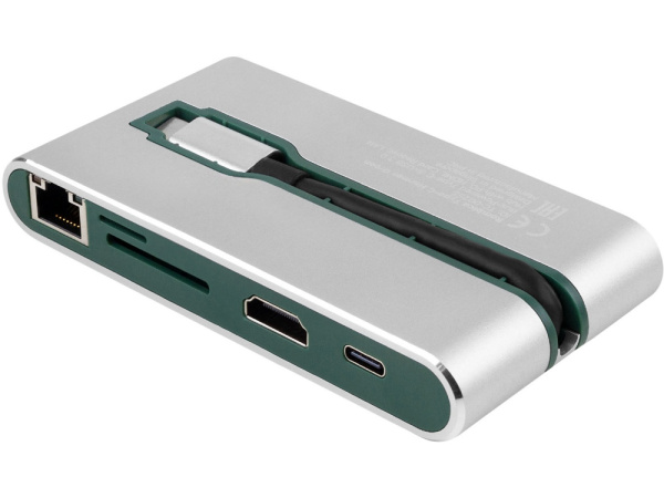 Хаб 8-в-1 Type-C «Hermes», USB 3.0 x 3, Type-C PD, HDMI, LAN, картридер, Цвет зеленый