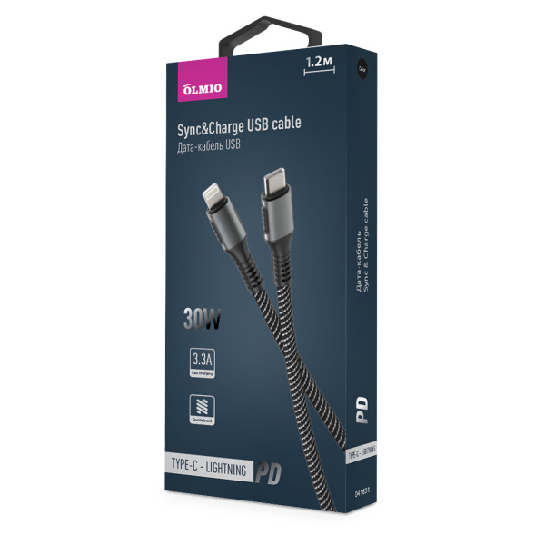 Кабель PD, USB2.0, Type-C - Lightning, 1.2м, черный, OLMIO