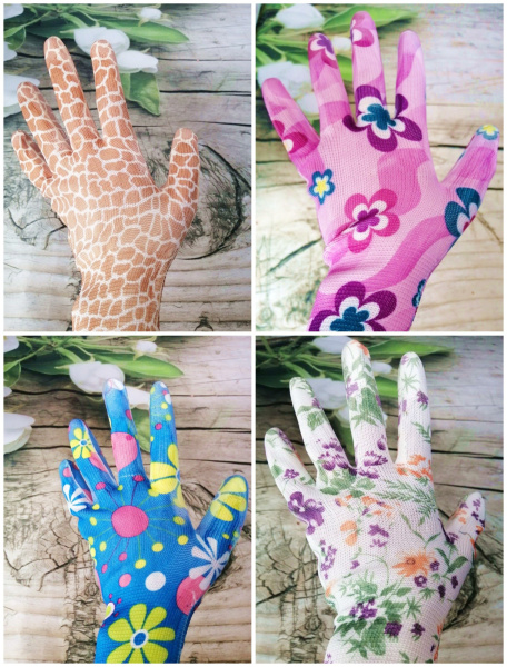 Перчатки нейлоновые тонкие, садовые, с полимерным покрытием ладони и пальцев Голубые