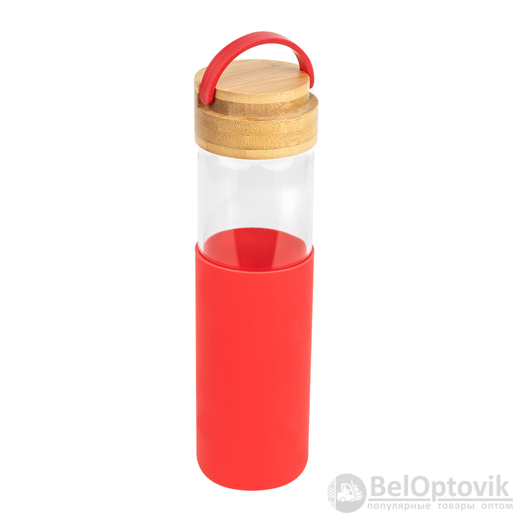 Бутылка стеклянная с силиконовой манжетой и бамбуковой крышкой  Glass, красная