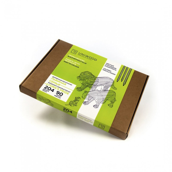 Деревянный конструктор UNIWOOD "Львиная семья" Сборка без клея, 204 детали с набором карандашей