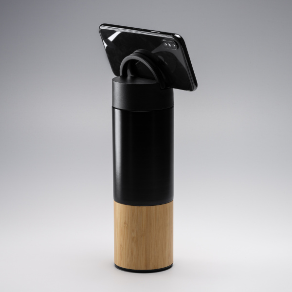 Термос - бутылка COIBA 450 мл. / Экотермос бамбуковый с подставкой для смартфона
