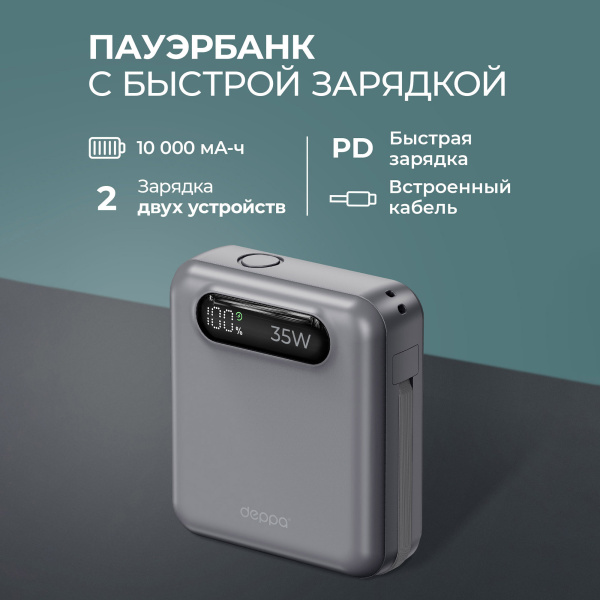 Внешний АКБ NRG Turbo Cable 10000 mAh, 35Вт, Цвет графит