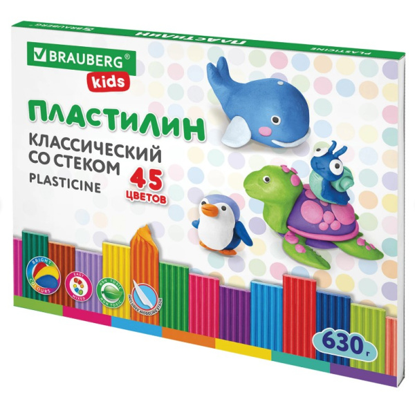 Пластилин классический BRAUBERG KIDS, 45 цветов, 630 г, стек, ВЫСШЕЕ КАЧЕСТВО, БО-106680