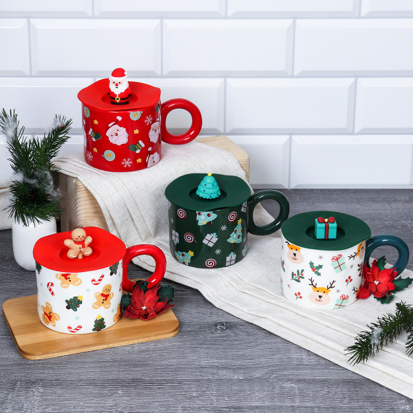 Кружка новогодняя с крышкой /350 мл/ 8080 /уп 72/