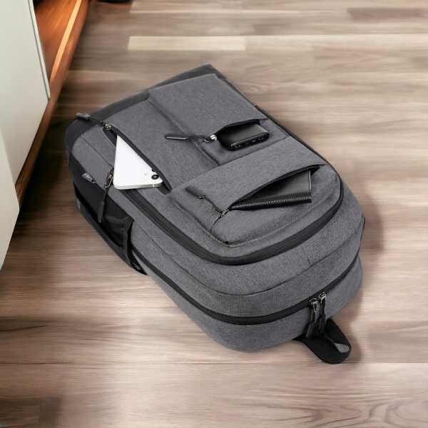 Рюкзак для ноутбука 15.6" Sallerus MBP-1053, серый / USB-провод, уплотненное дно, утолщенная стенка