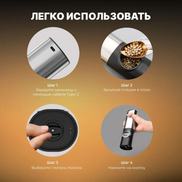 Электрическая мельница для специй / Быстрая зарядка, регулировка степени помола