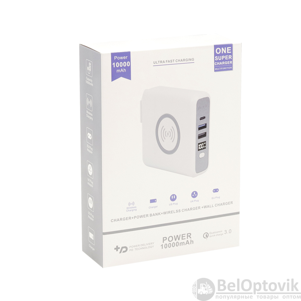Внешний аккумулятор Gemini с беспроводной зарядкой и сетевым адаптером, 10000 mAh, белый