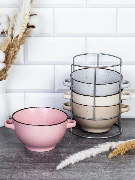 Супница с ручками 4 штуки на подставке / 20055 (уп 6) Крапинка