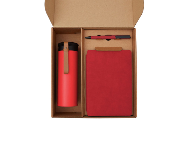 Набор «Draftea» с блокнотом, ручкой, термосом и чаем, Цвет коричневый, красный