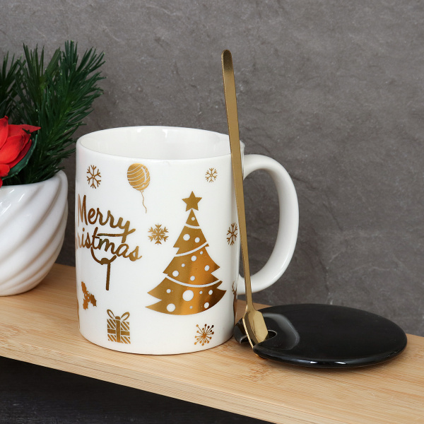 Кружка новогодняя с крышкой,ложка /300 мл/ HB-074 /уп 60/