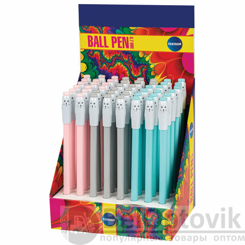 Ручка с топпером шариковая "Кот", СИНЯЯ, корпус ассорти, линия письма 0,7 мм, дисплей, CM, 89523