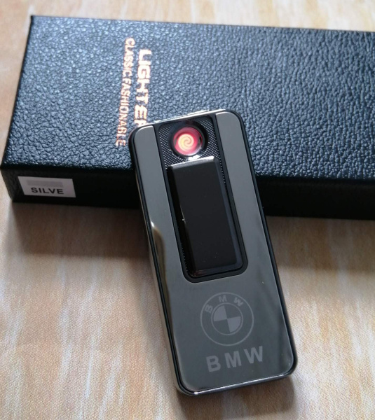 Электроимпульсная зажигалка-брелок с эмблемой и сменным нагревательным элементом Lighter Classic Fashionable BMW, Серый корпус