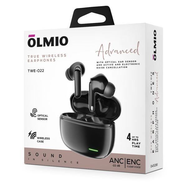 Наушники беспроводные "TWE-22", ANC+ENC PRO,True Wireless, black, OLMIO