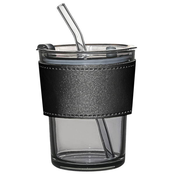 Стакан стеклянный с трубочкой и капхолдером Karamel, 350 мл, золотой и черный цвет / Стильный и функциональный аксессуар для напитков