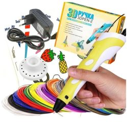 3D ручка 3D pen-2 для создания объемных изображений с LCD-дисплеем + 1 рулон ABS пластика в комплекте, набор для детей Жёлтая  (с зарядкой - блоком)