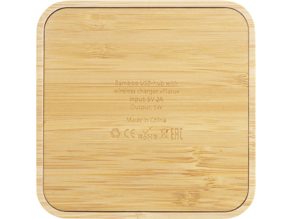 USB-хаб с беспроводной зарядкой из бамбука «Plato», 5 Вт, Цвет натуральный