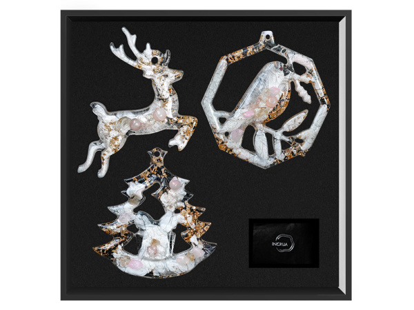 Набор елочных игрушек: Снегирь, Олень, Ель, Цвет Розовый кварц