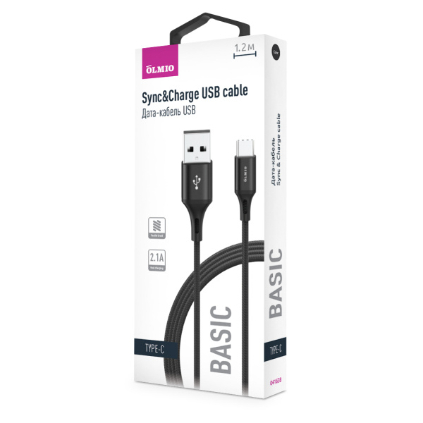 Кабель BASIC, USB 2.0 - Type-C, 1.2м, 2.1A, черный, OLMIO