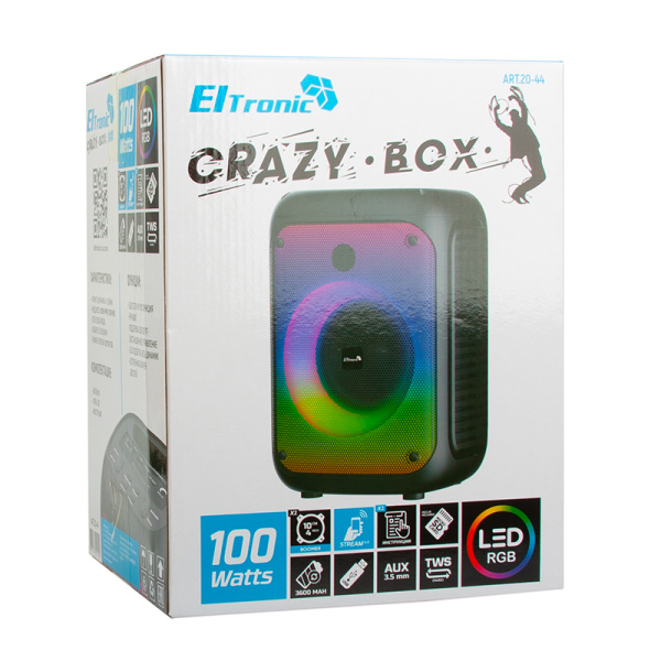 Портативная беспроводная bluetooth колонка  Eltronic CRAZY BOX 100 арт. 20-44 с LED-подсветкой  и  RGB светомузыкой, пультом дистанционного управления