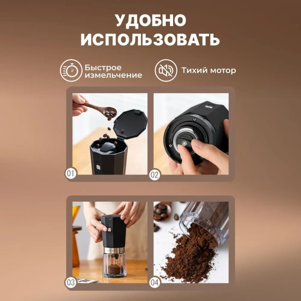 Беспроводная электрическая кофемолка, черная / Современный дизайн с Soft-touch покрытием