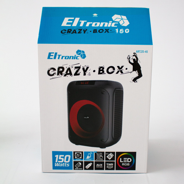 Портативная беспроводная bluetooth колонка  Eltronic CRAZY BOX 150 Watts арт. 20-45 с LED-подсветкой  и  RGB светомузыкой, пультом дистанционного управления
